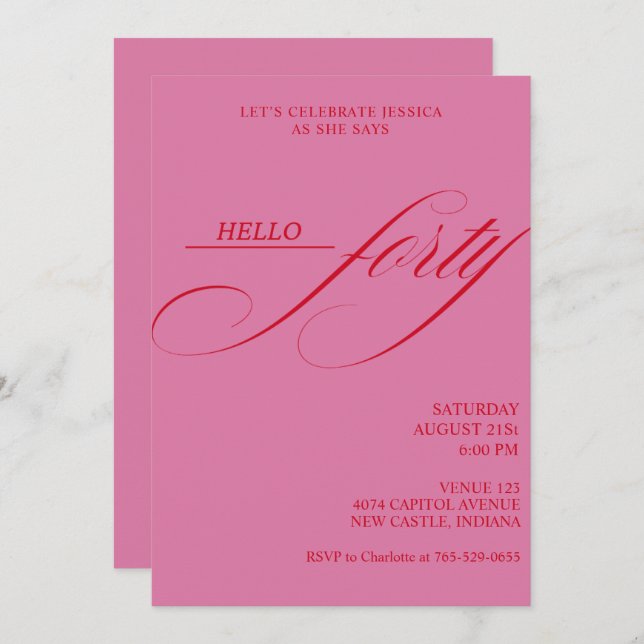 Invitación Simple Modern Caligraphy Forty 40th Birthday Party (Anverso / Reverso)