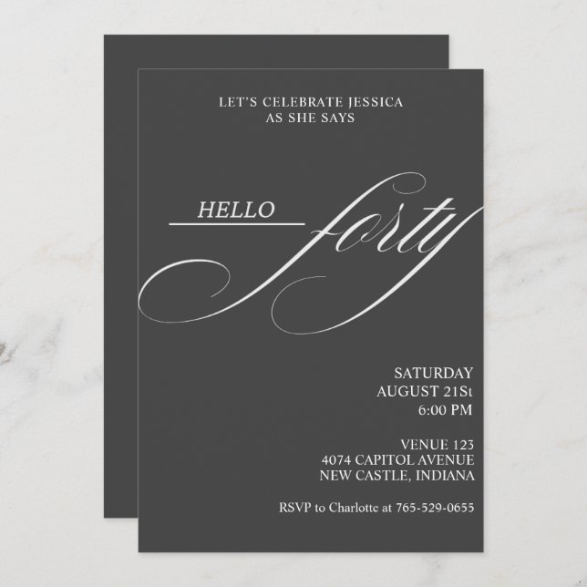 Invitación Simple Modern Caligraphy Forty 40th Birthday Party (Anverso / Reverso)