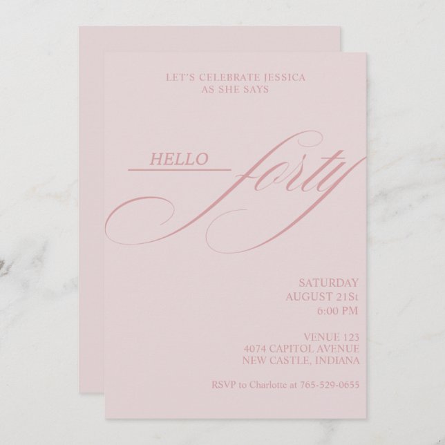 Invitación Simple Modern Caligraphy Forty 40th Birthday Party (Anverso / Reverso)