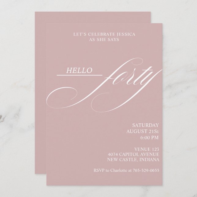 Invitación Simple Modern Caligraphy Forty 40th Birthday Party (Anverso / Reverso)