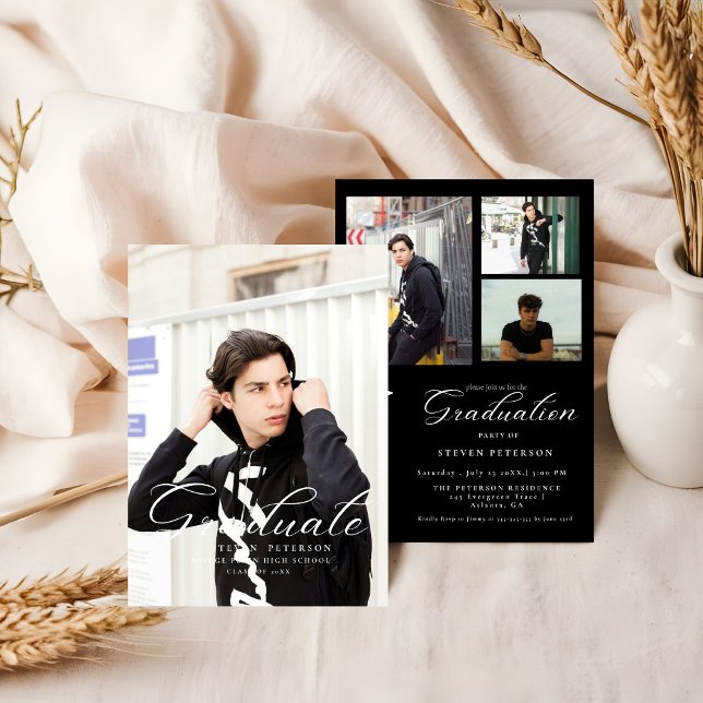 Invitación Simple Modern Calligraphy Photo Black Graduation  (Subido por el creador)