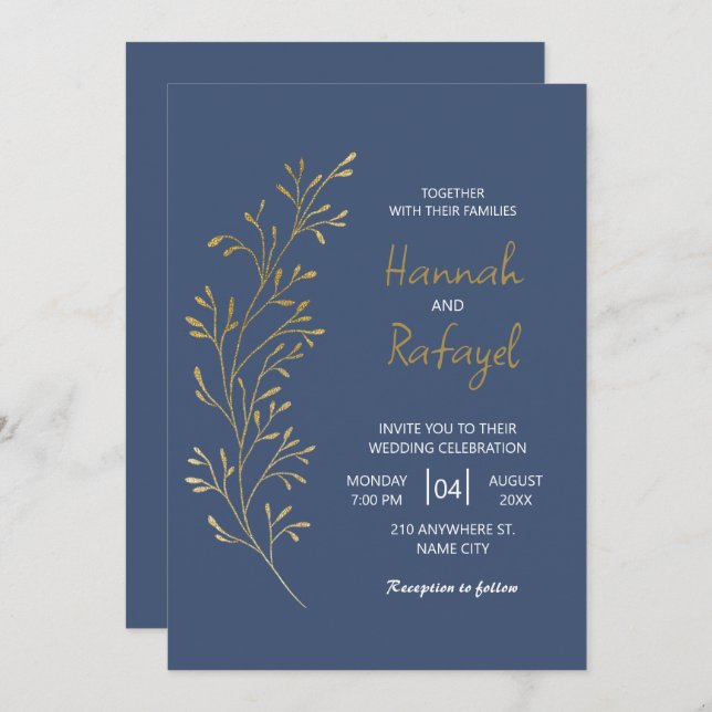 Invitación Simple Modern Gold Leaf Blue Wedding (Anverso / Reverso)