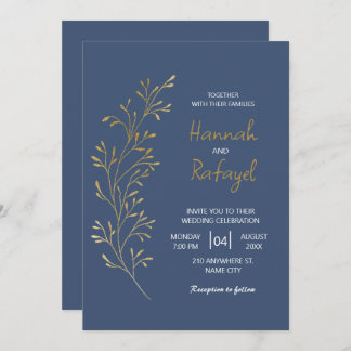 Invitación Simple Modern Gold Leaf Blue Wedding