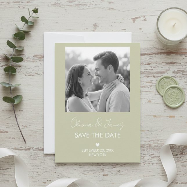 Invitación Simple Modern Sage Green Save the Date with Photo  (Subido por el creador)