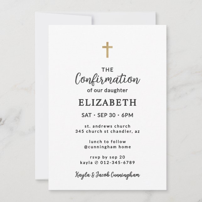 Invitación Simple Moderna Elegante Cruz Confirmación (Anverso)
