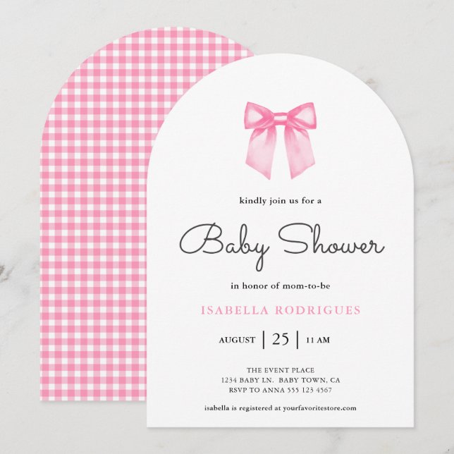 Invitación Simple Moderna Rosa con Lazo para Baby  (Anverso / Reverso)