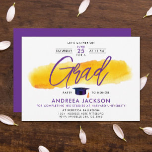 Invitación Simple Moderno Amarillo Purpura Caligrafía de Grad