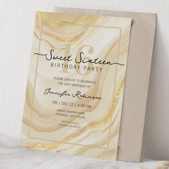 Invitación Simple Moderno Mármol Dulces 16 Dieciséis Fiesta D (Simple Modern Marble Sweet 16 Sixteen Party Gold Invitation)