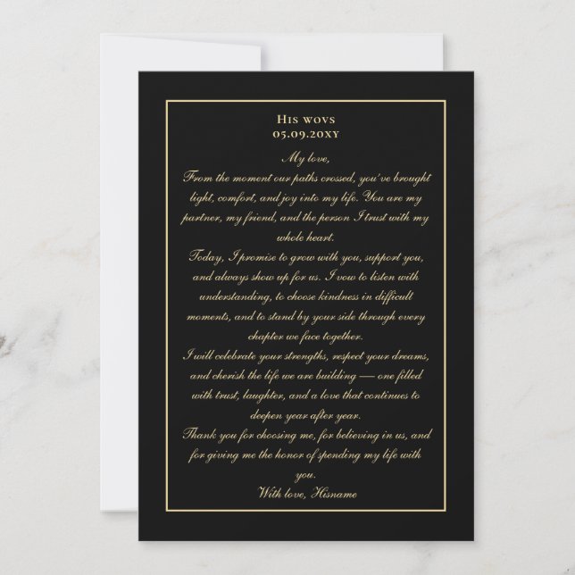 Invitación Simple Monogram Black Gold Wedding Vow Card (Anverso)