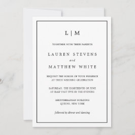 Invitación Simple Monograma Blanco y Negro para Boda Elegante
