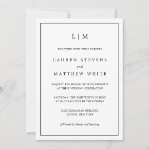 Invitación Simple Monograma Blanco y Negro para Boda Elegante