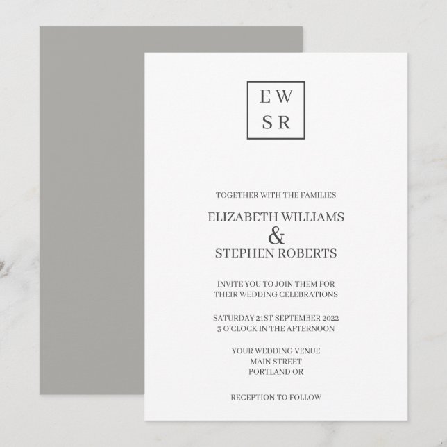 Invitación Simple Monograma Bodas Blancas y Grises (Anverso / Reverso)