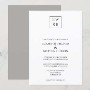 Invitación Simple Monograma Bodas Blancas y Grises