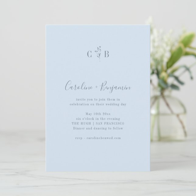 Invitación Simple Monograma Botánico Suave Azul Boda Boho (Anverso de pie)