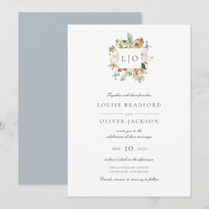 Invitación Simple Monograma de Boda Acuarela Azul Polvoriento