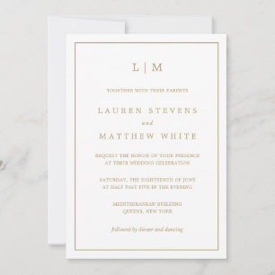 Invitación Simple Monograma Dorado Antiguo Boda Elegante