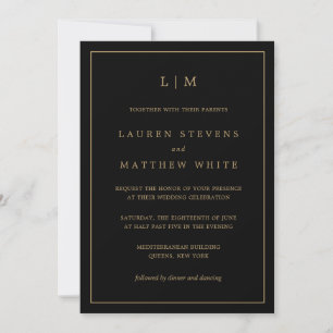 Invitación Simple Monograma Negro y Dorado Elegante Boda