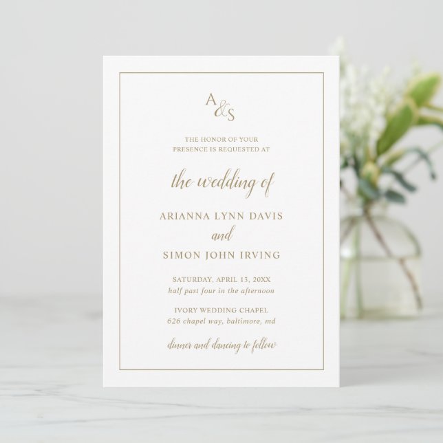 Invitación Simple Monograma Oro Elegante Formal Boda (Anverso de pie)
