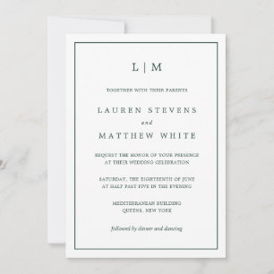 Invitación Simple Monograma Verde Bosque Boda Elegante