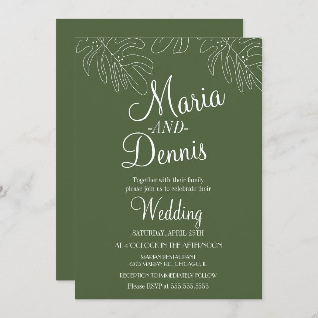 Invitación Simple Monstera Line Hand Ilustracion Green (Anverso / Reverso)