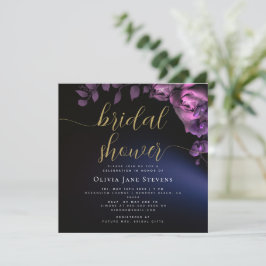 Invitación Simple Moody Black Darple Rosas Púrpura Bridal Sho