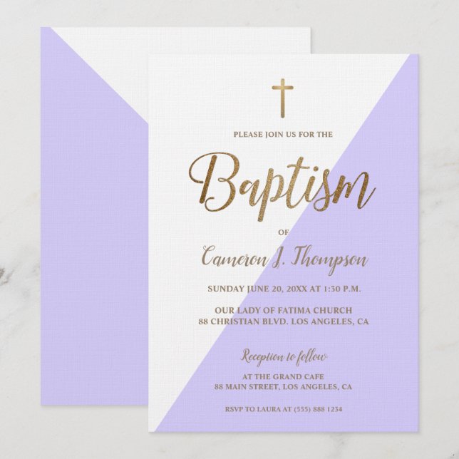 Invitación Simple morado Oro Blanco Bautismo moderno (Anverso / Reverso)