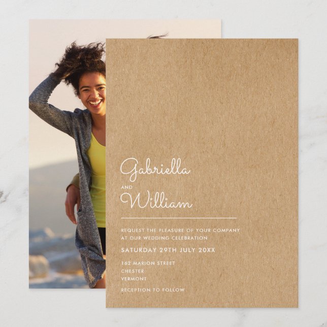 Invitación Simple Natural Script Rústico Kraft Boda Foto (Anverso / Reverso)