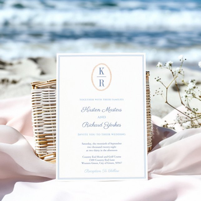 Invitación Simple Nautical Monogram Blue And White Wedding (Simple nautical inspired wedding invitation with a couples monogram with fisherman rope details)