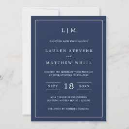 Invitación Simple Navy Blue Monograma Elegante Boda