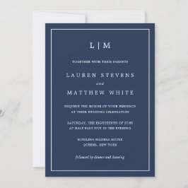 Invitación Simple Navy Blue Monograma Elegante Boda