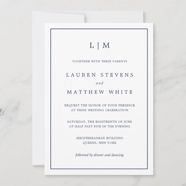 Invitación Simple Navy Blue Monograma Elegante Boda (Anverso)