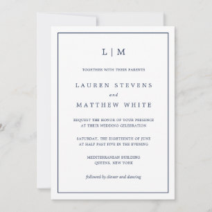 Invitación Simple Navy Blue Monograma Elegante Boda