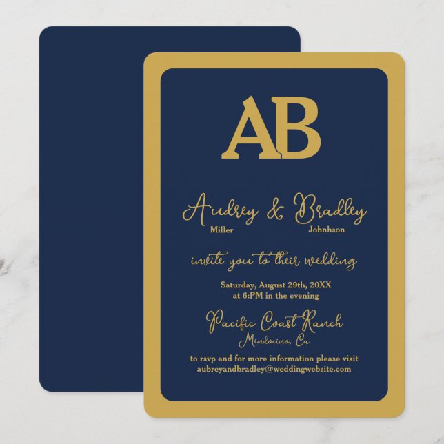 Invitación Simple Navy Gold 2 Letra Monograma Boda (Anverso / Reverso)