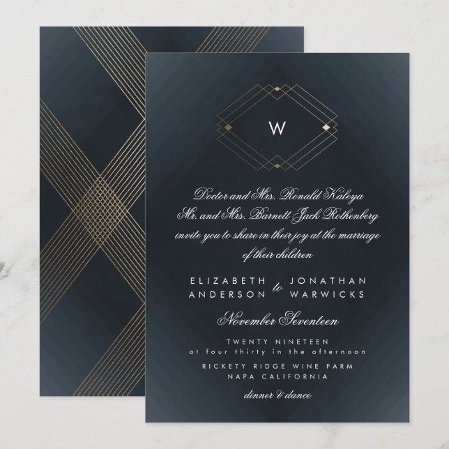 Invitación Simple Navy moderno guión de oro (Anverso / Reverso)