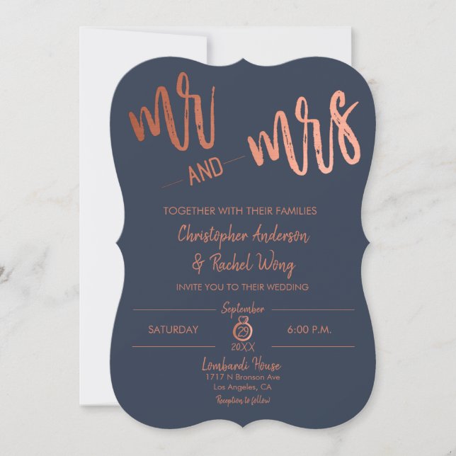 Invitación Simple Navy Rosa de oro Script Sr. y Sra. Boda (Anverso)