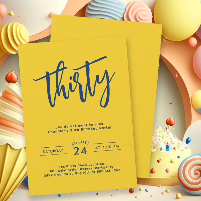 Invitación Simple negrita Amarillo 30 Fiesta de cumpleaños (This bold yellow 30th birthday party invitation gets your party started with pizzazz.)