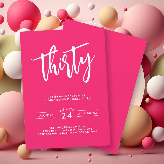 Invitación Simple negrita Hot Pink 30th Birthday Fiesta (Get the party started with this bright bold hot pink birthday party invitation. 
)
