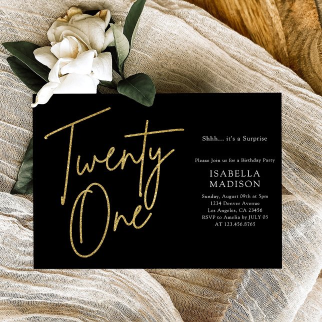 Invitación Simple negro y Purpurina de oro 21º cumpleaños (Simple Black and Gold Glitter 21st Birthday Invitation
)
