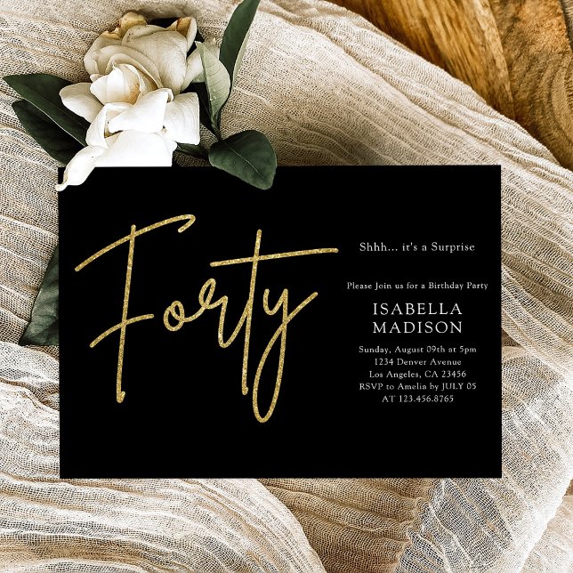 Invitación Simple negro y Purpurina de oro 40 cumpleaños (Simple Black and Gold Glitter 40th Birthday Invitation
)