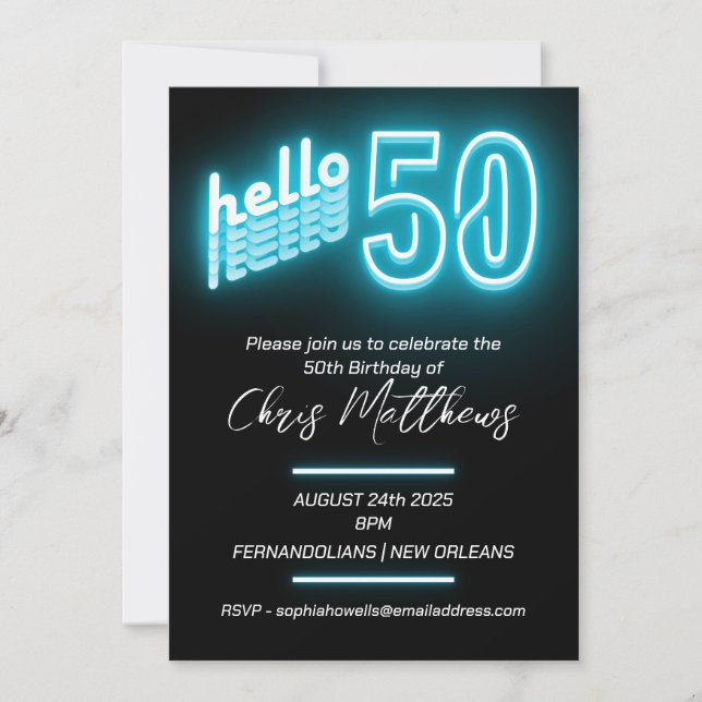 Invitación Simple Neon Blue 50 cumpleaños (Anverso)