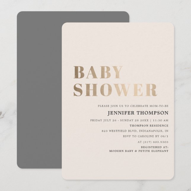 Invitación Simple Neutral Taupe & Gold Baby Shower (Anverso / Reverso)