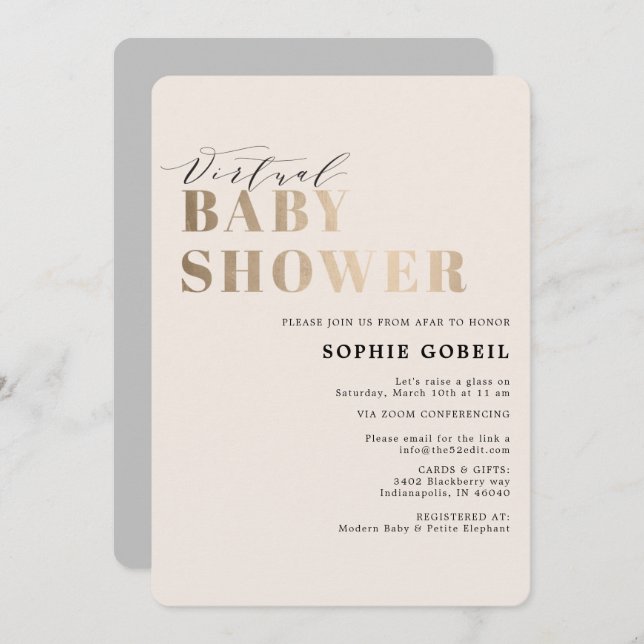 Invitación Simple Neutral Taupe & Gold VIRTUTAL Baby Shower (Anverso / Reverso)