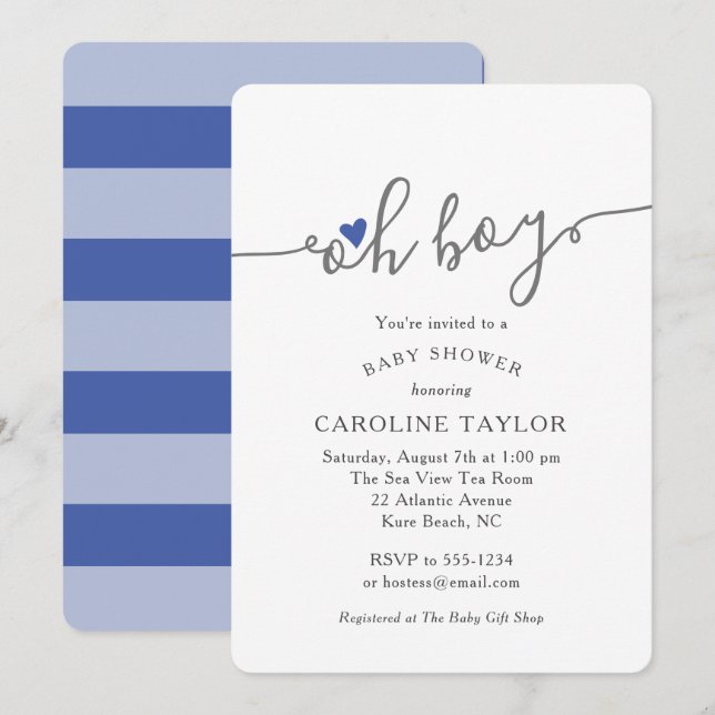 Invitación Simple Oh Boy Navy Blue Baby Shower (Anverso / Reverso)