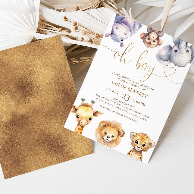 Invitación Simple Oh Boy Safari Animales Baby Shower (Modern safari baby shower invitation featuring six cute safari animals and faux copper heading.)