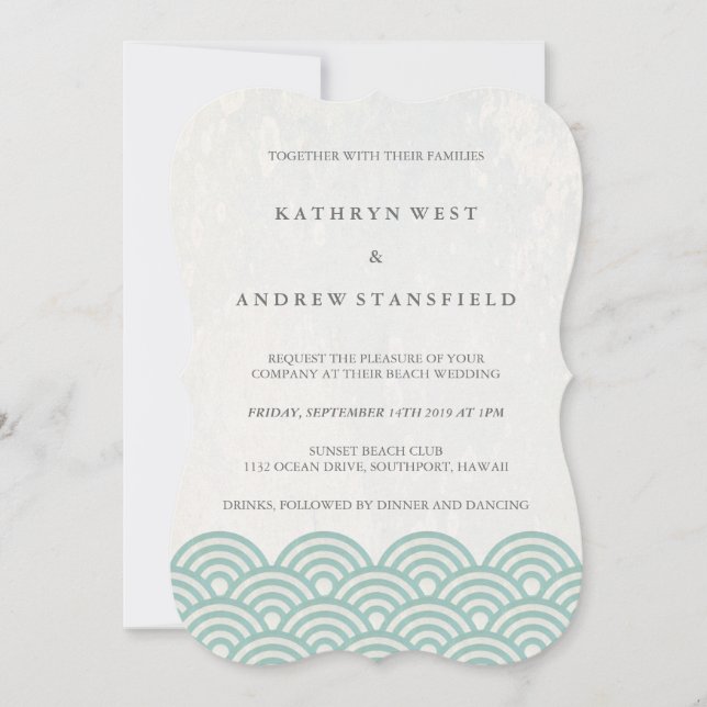Invitación Simple ola moderna Verde + Boda de playa blanca (Anverso)
