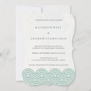 Invitación Simple ola moderna Verde + Boda de playa blanca