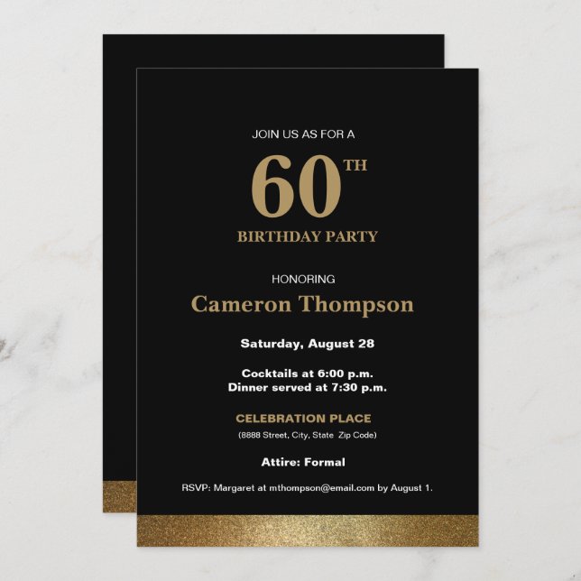 Invitación Simple Oro formal Negro 60 cumpleaños (Anverso / Reverso)