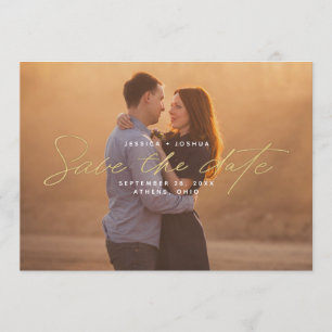 Invitación Simple Oro Script Overlay Photo Save the Date