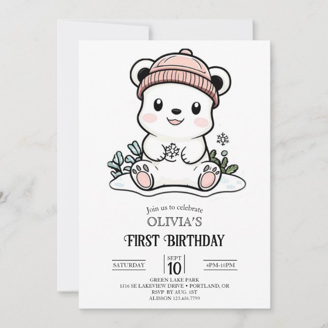 Invitación Simple osito polar simple lindo 1er cumpleaños dig (Anverso)