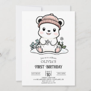 Invitación Simple osito polar simple lindo 1er cumpleaños dig